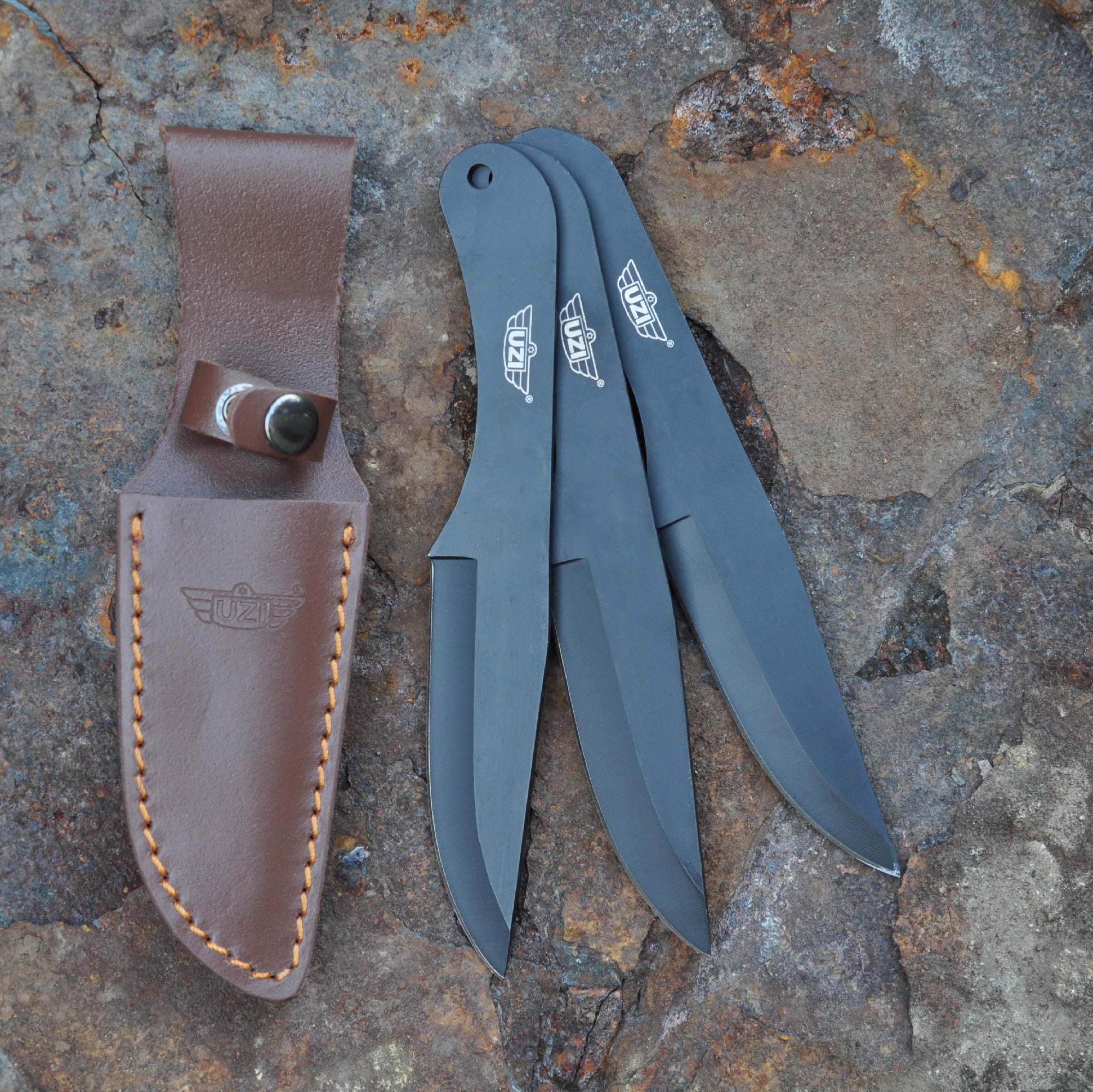 UZI 3pk Throwing Knives w/ Leather Sheath UZK-TRW-004